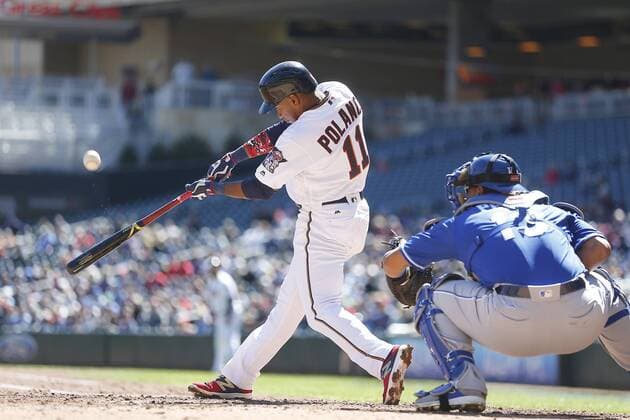 April 6, 2017 - Minneapolis, MN, USA - The Minnesota Twins Jorge Polanco puts the ball in play during the second inning against the Kansas City Royals at Target Field in Minneapolis on Thursday, April 6, 2017. The Twins won, 5-3. Kansas City at Minnesota - ZUMAm67_ 20170406_zaf_m67_033 Copyright: xElizabethxFloresx