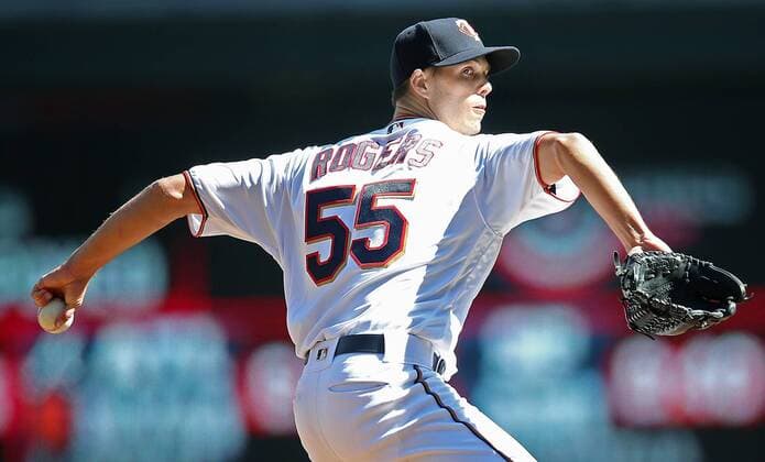 April 6, 2017 - Minneapolis, MN, USA - Minnesota Twins pitcher Taylor Rogers works during the seventh inning against the Kansas City Royals at Target Field in Minneapolis on Thursday, April 6, 2017. The Twins won, 5-3. Kansas City at Minnesota - ZUMAm67_ 20170406_zaf_m67_035 Copyright: xElizabethxFloresx