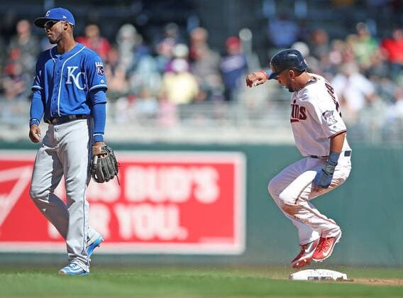 April 6, 2017 - Minneapolis, MN, USA - The Minnesota Twins Eddie Rosario, right, beats the throw to Kansas City Royals shortstop Alcides Escobar as he steals second base during the fourth inning at Target Field in Minneapolis on Thursday, April 6, 2017. The Twins won, 5-3. Kansas City at Minnesota - ZUMAm67_ 20170406_zaf_m67_038 Copyright: xElizabethxFloresx