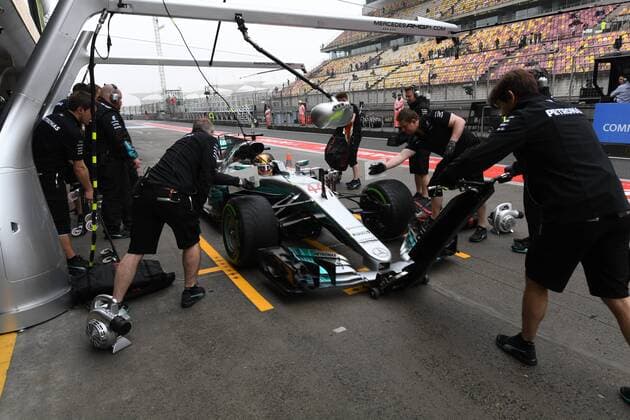 British F1 driver Lewis Hamilton of Mercedes steers his car as he leaves the pit during a practice session for the 2017 Formula 1 Chinese Grand Prix at the Shanghai International Circuit in Shanghai, China, 7 April 2017. F1 drivers in full swing for Chinese Grand Prix in practice session  20170407_60673