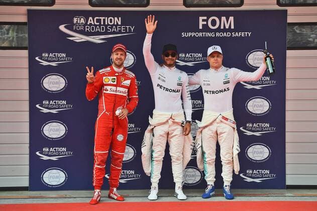 Lewis Hamilton (GB 44), Mercedes AMG Petronas Motorsport, Valtteri Bottas (FIN 77), Mercedes AMG Petronas Motorsport, Sebastian Vettel (GER 5), Scuderia Ferrari, Grosser Preis von China 2017, Qualifying, Motorsport, Formel 1,08.04.2017, Shanghai Copyright: xAndre Eibner-Pressefotox EP_JAE