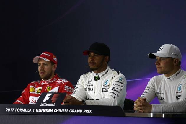 Chinese Grand Prix, Shanghai 06 - 09 April 2017 08.04.2017 - Qualifying, press conference PK Pressekonferenz Sebastian Vettel (GER) Scuderia Ferrari SF70H, Lewis Hamilton (GBR) Mercedes AMG F1 W08 and Valtteri Bottas (FIN) Mercedes AMG F1 W08 