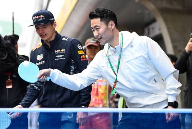 Retired Chinese Table tennis Tischtennis player Wang Liqin, right, instructs Dutch F1 driver Max Verstappen of Red Bull Racing ahead of the 2017 Formula One Chinese Grand Prix at the Shanghai International Circuit in Shanghai, China, 9 April 2017. F1 drivers shows off table tennis skills in Shanghai  pbu604570_05