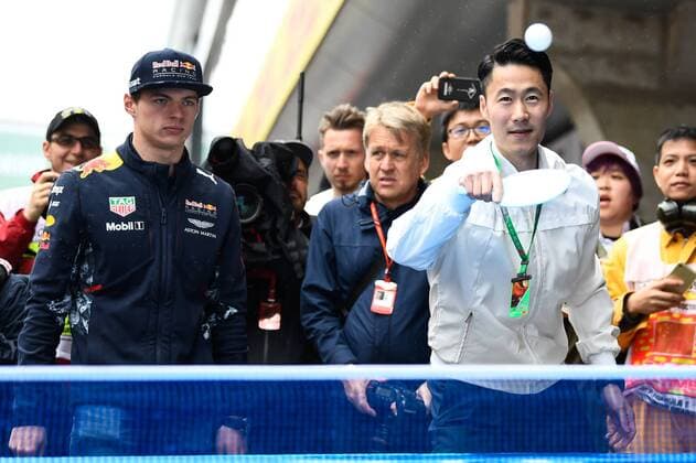 Retired Chinese Table tennis Tischtennis player Wang Liqin, right, instructs Dutch F1 driver Max Verstappen of Red Bull Racing ahead of the 2017 Formula One Chinese Grand Prix at the Shanghai International Circuit in Shanghai, China, 9 April 2017. F1 drivers shows off table tennis skills in Shanghai  pbu604570_02