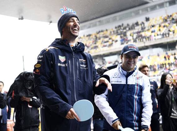 Australian F1 driver Daniel Ricciardo of Red Bull Racing, left, and Brazilian F1 driver Felipe Massa of Williams play Table tennis Tischtennis ahead of the 2017 Formula One Chinese Grand Prix at the Shanghai International Circuit in Shanghai, China, 9 April 2017. F1 drivers shows off table tennis skills in Shanghai  pbu604570_06
