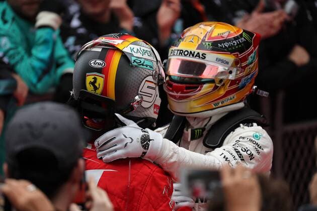 Chinese Grand Prix, Shanghai 06 - 09 April 2017 09.04.2017 - Race, 2nd place Sebastian Vettel (GER) Scuderia Ferrari SF70H and Lewis Hamilton (GBR) Mercedes AMG F1 W08 race winner 