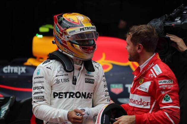 Chinese Grand Prix, Shanghai 06 - 09 April 2017 09.04.2017 - Race, Lewis Hamilton (GBR) Mercedes AMG F1 W08 race winner and 2nd place Sebastian Vettel (GER) Scuderia Ferrari SF70H 