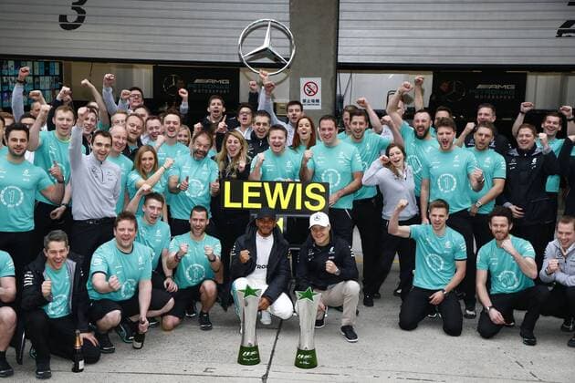 Shanghai: Motorsports: FIA Formula One World Championship WM Weltmeisterschaft 2017 44 Lewis Hamilton (GBR, Mercedes AMG Petronas) celebrating his race win Chinese Formula One Grand Prix Shanghai Circuit on April 08, 2017 in Shanghai, China. (Photo by Hoch Zwei) Shanghai China xHZx
