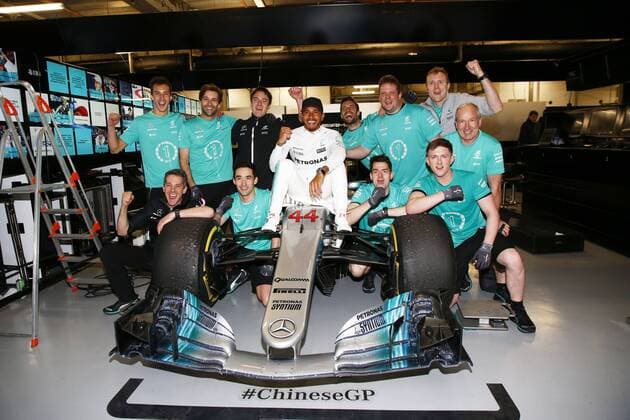 Shanghai: Motorsports: FIA Formula One World Championship WM Weltmeisterschaft 2017 44 Lewis Hamilton (GBR, Mercedes AMG Petronas) celebrating his race win Chinese Formula One Grand Prix Shanghai Circuit on April 08, 2017 in Shanghai, China. (Photo by Hoch Zwei) Shanghai China xHZx