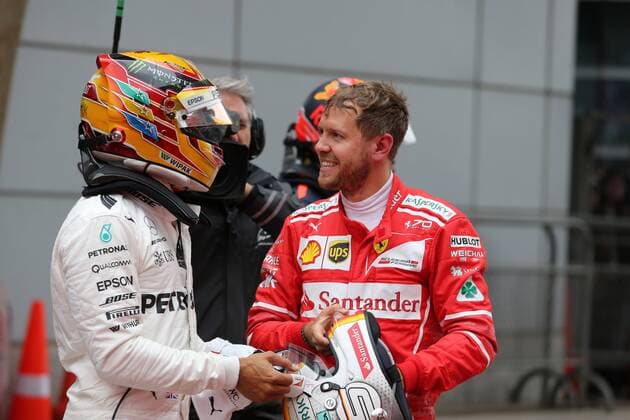 Chinese Grand Prix, Shanghai 06 - 09 April 2017 09.04.2017 - Race, Lewis Hamilton (GBR) Mercedes AMG F1 W08 race winner and 2nd place Sebastian Vettel (GER) Scuderia Ferrari SF70H 
