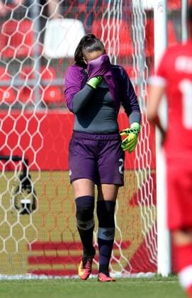 Deutschland, Erfurt, Steigerwaldstadion, 09.04.2017, Fussball - Frauen - Laenderspiel - Deutschland - Kanada Bild: Torwart Kailen Sheridan (Kanada, 21) fassungslos nach Ihrem Fehler der zum 1:0 führt Copyright: HMBxMedia xHeikoxBecker