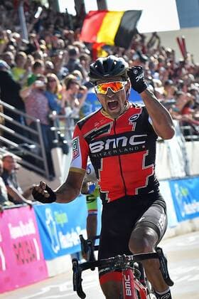 Belgian Greg Van Avermaet of BMC Racing Team celebrates as he crosses the finish line to win the Paris-Roubaix one day cycling race, 257km from Compiegne to the Velodrome in Roubaix, France, Sunday 09 April 2017. DAVIDxSTOCKMAN  x05079859x