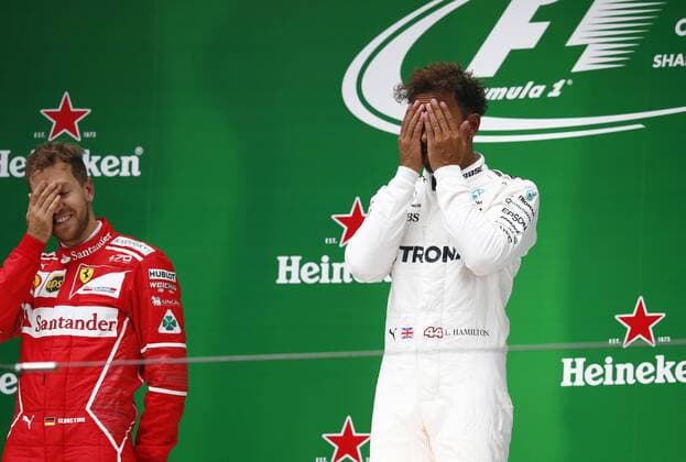 Shanghai: Motorsports: FIA Formula One World Championship WM Weltmeisterschaft 2017 5 Sebastian Vettel (GER, Scuderia Ferrari) 44 Lewis Hamilton (GBR, Mercedes AMG Petronas) Chinese Formula One Grand Prix Shanghai Circuit on April 08, 2017 in Shanghai, China. (Photo by Hoch Zwei) Shanghai China xHZx