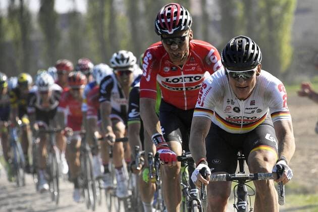 ROUBAIX, FRANCE - APRIL 9 : GREIPEL Andre (GER) Rider of Team Lotto - Soudal and SIEBERG Marcel (GER) Rider of Team Lotto - Soudal in action during the 115th UCI World Tour Paris - Roubaix cycling race with start in Compiegne and finish at the Velodrome Andre-Petrieux in Roubaix on April 09, 2017 in Roubaix, France, 9 04 2017 CYCLISME : Paris Roubaix - 09 04 2017 Photonews Panoramic 