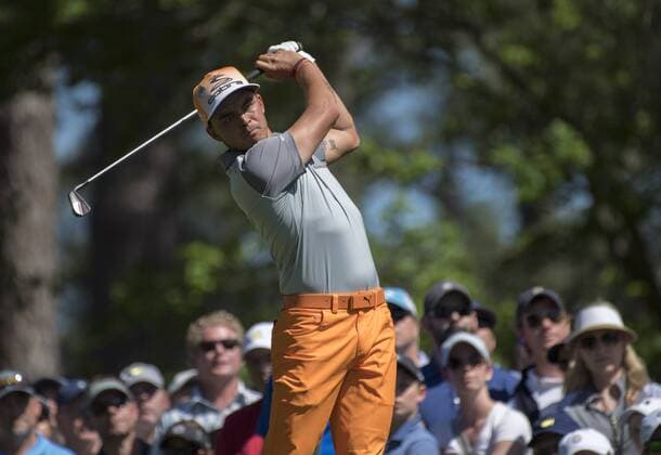 Ricky Fowler hits off the fourth tee box during the fourth round of the 2017 Masters Tournament at Augusta National Golf Club in Augusta, Georgia on April 9, 2017.  AUG20170409305 KEVINxDIETSCH