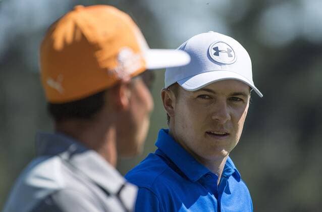 Jordan Spieth talks to Ricky Fowler during the fourth round of the 2017 Masters Tournament at Augusta National Golf Club in Augusta, Georgia on April 9, 2017.  AUG20170409311 KEVINxDIETSCH