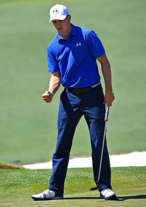 April 9, 2017 - Augusta, GA, USA - Jordan Spieth pumps his fist after making a putt on the second green during the final round of the Masters Tournament on Sunday, April 9, 2017 at Augusta National Golf Club in Augusta, Ga. 2017 Masters Round 4 - ZUMAm67_ 20170409_zaf_m67_029 Copyright: xJeffxSinerx