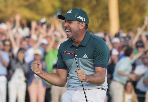 Sergio Garcia celebrates as he wins the 2017 Masters Tournament at Augusta National Golf Club in Augusta, Georgia on April 9, 2017. Garcia beat out Justin Rose in a one hole playoff.  AUG20170409325 KEVINxDIETSCH