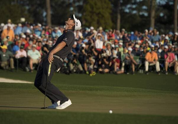 Justin Rose reacts after missing putt on the 18th green during the final round at the 2017 Masters Tournament at Augusta National Golf Club in Augusta, Georgia on April 9, 2017. Rose finished second to Sergio Garcia who defeated him by one stoke in a playoff hole. This is Garcia s first major win.  AUG20170409326 KEVINxDIETSCH