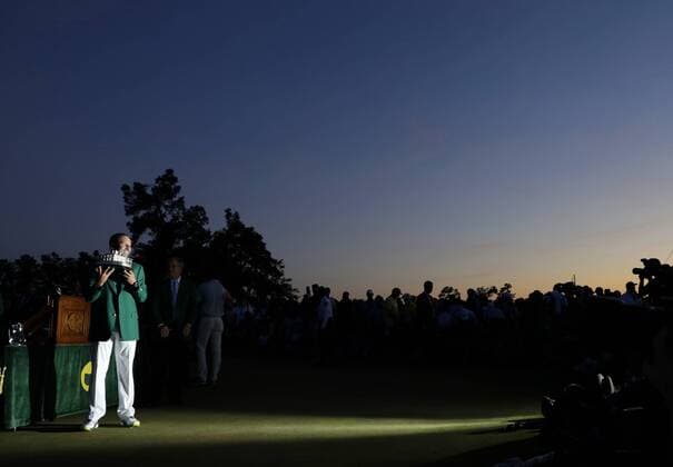 Sergio Garcia of Spain holds the Masters Trophy and wears his Green Jacket after Garcia wins the 2017 Masters Tournament at Augusta National Golf Club in Augusta, Georgia on April 9, 2017. Garcia defeated Justin Rose of England in a one hole playoff to win his first major championship.  AUG20170409612 JOHNxANGELILLO