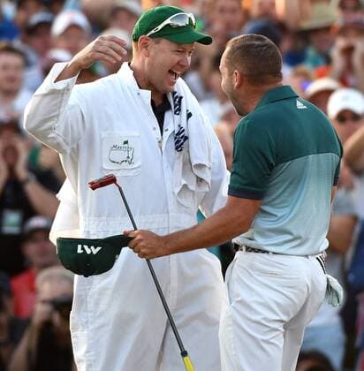 April 9, 2017 - Augusta, GA, USA - Caddie Glen Murray, left, embraces Sergio Garcia after Garcia defeated Justin Rose in a one-hole playoff on the 18th green on Sunday, April 9, 2017 at Augusta National Golf Club in Augusta, Ga. Masters 2017 Round 4 - ZUMAm67_ 20170409_zaf_m67_218 Copyright: xJeffxSinerx