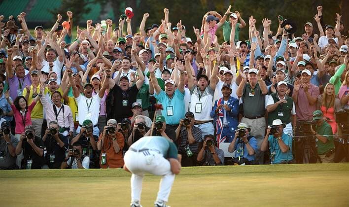 April 9, 2017 - Augusta, GA, USA - Sergio Garcia reacts with the fans after sinking the winning putt to defeat golfer Justin Rose in a one-hole playoff on the 18th green on Sunday, April 9, 2017 at Augusta National Golf Club in Augusta, Ga. Masters 2017 Round 4 - ZUMAm67_ 20170409_zaf_m67_222 Copyright: xJeffxSinerx