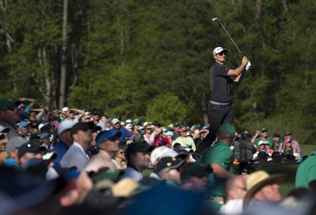 Justin Rose hits off the 12th tee during the 2017 Masters Tournament at Augusta National Golf Club in Augusta, Georgia on April 9, 2017. Garcia won the 2017 Masters.  AUG20170409349 KEVINxDIETSCH