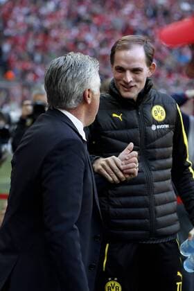 TUCHEL Thomas Trainer Team Borussia Dortmund mit Trainer ANCELOTTI Carlo vor dem Spiel Fussball Bundesliga DFL Saison 2016-2017 Spiel FC Bayern Muenchen-Borussia Dortmund 4 : 1 am 08.April 2017 in der Allianz Arena 