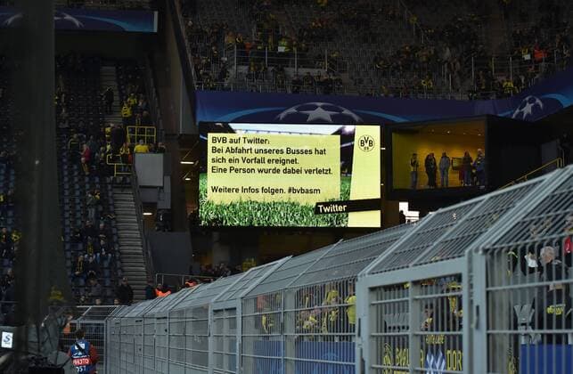 11.04.2017, Fussball, UEFA Champions League, Saison 2016 2017, Viertelfinale, Borussia Dortmund - AS Monaco, Anzeigentafel im Signal Iduna Park mit dem Hinweis zum Vorfall mit dem BVB Mannschaftsbus