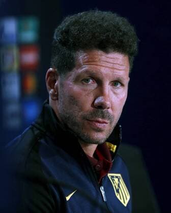 Atletico Madrid s Argentinian head coach Diego Simeone during the press conference PK Pressekonferenz held in Madrid, Spain, 11 April of 2017. Leicester City will face Atletico Madrid in the UEFA Champions League quarter final, first leg, soccer match on 12 April. ATLETICO MADRID S PRESS CONFERENCE !ACHTUNG: NUR REDAKTIONELLE NUTZUNG!  Copyright: xChemaxMoyax 20170411-636275390560286499