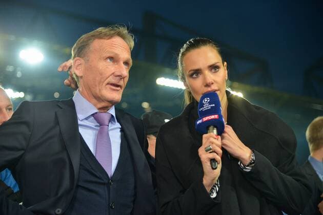 Hans-Joachim Watzke (Geschäftsführer Borussia Dortmund) mit Esther Sedlaczek im ersten Interview nach der Spielabsage Dortmund, Germany, 11.04.2017, Fussball, UEFA Champions League, Borussia Dortmund - AS Monaco, xklx