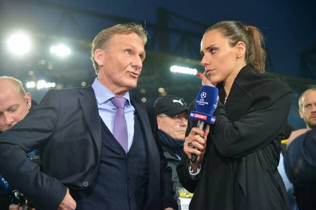 Hans-Joachim Watzke (Geschäftsführer Borussia Dortmund) mit Esther Sedlaczek im ersten Interview nach der Spielabsage Dortmund, Germany, 11.04.2017, Fussball, UEFA Champions League, Borussia Dortmund - AS Monaco, xklx