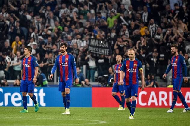 Barcelona players look dejected after the Juventus third goal during the UEFA Champions League quarter final match between Juventus and Barcelona at the Juventus Stadium, Turin, Italy on 11 April 2017. Copyright: xGiuseppexMaffiax 14920098