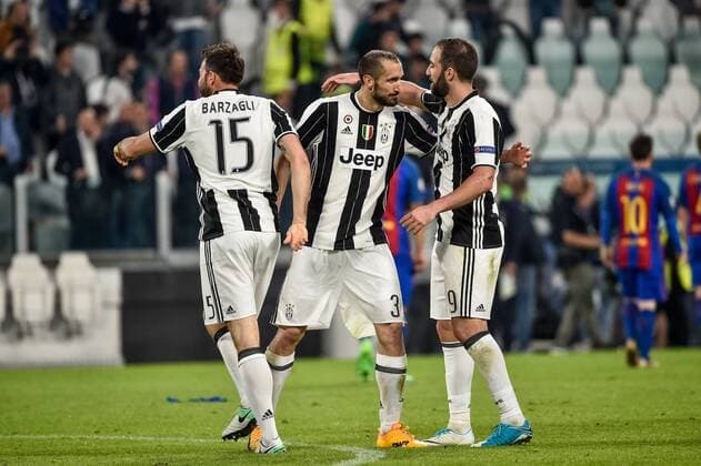 Giorgio Chiellini of Juventus and Gonzalo Higua’n of Juventus celebrate their side win during the UEFA Champions League quarter final match between Juventus and Barcelona at the Juventus Stadium, Turin, Italy on 11 April 2017. Copyright: xGiuseppexMaffiax 14920139