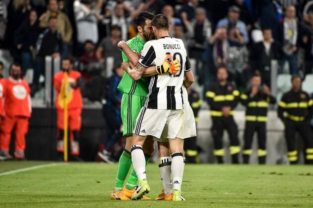 April 11, 2017 - Rome, Italy - Gianluigi Buffon of Juventus and Leonardo Bonucci of Juventus during the UEFA Champions League quarter final match between Juventus and Barcelona at the Juventus Stadium, Turin, Italy on 11 April 2017. Juventus - Barcelona Champions League  - ZUMAn230 20170411_zaa_n230_211 Copyright: xGiuseppexMaffiax