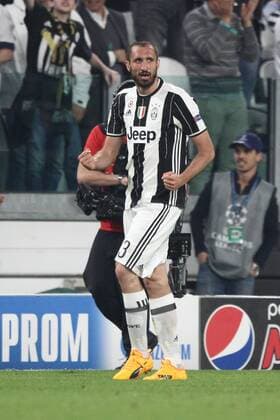 April 11, 2017 - Turin, Italy - Juventus defender Giorgio Chiellini (3) celebrates after scoring his goal during the Uefa Champions League quarter finals football match JUVENTUS - BARCELONA on 11 04 2017 at the Juventus Stadium in Turin, Italy. Juventus v FC Barcelona Barca - UEFA Champions League Quarter Final: First Leg  - ZUMAn230 20170411_zaa_n230_273 Copyright: xMatteoxBottanellix