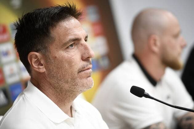 Celta s head coach Italian Eduardo Berizzo and Celta s John Guidetti pictured during a press conference PK Pressekonferenz of Spanish team Celta Vigo, Wednesday 12 April 2017, in Vigo, Spain. Tomorrow Belgian soccer team RC Genk is playing against Spanish team Celta Vigo in the Europa League competition. YORICKxJANSENS  x05080585x