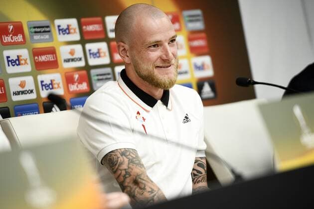 Celta s John Guidetti pictured during a press conference PK Pressekonferenz of Spanish team Celta Vigo, Wednesday 12 April 2017, in Vigo, Spain. Tomorrow Belgian soccer team RC Genk is playing against Spanish team Celta Vigo in the Europa League competition. YORICKxJANSENS  x05080591x