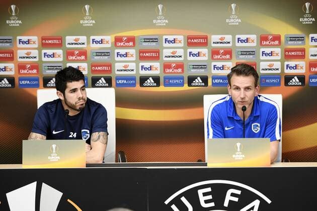 Genk s Alejandro Pozuelo and Genk s head coach Albert Stuivenberg pictured during a press conference PK Pressekonferenz of Belgian soccer team RC Genk, Wednesday 12 April 2017, in Vigo, Spain. Tomorrow Genk is playing against Spanish team Celta Vigo in the Europa League competition. YORICKxJANSENS  x05080605x