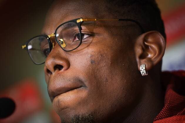 Manchester s Paul Pogba pictured during a press conference PK Pressekonferenz of UK team Manchester United ManU in Anderlecht, Wednesday 12 April 2017. Tomorrow Belgian soccer team RSC Anderlecht is playing against Manchester United in the Europa League competition. VIRGINIExLEFOUR  x05080723x