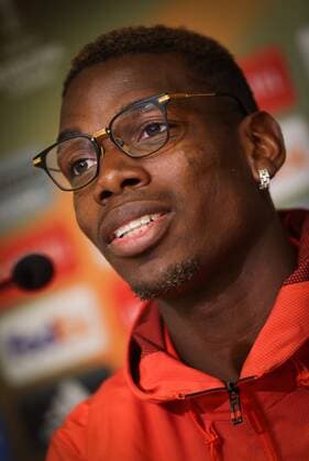 Manchester s Paul Pogba pictured during a press conference PK Pressekonferenz of UK team Manchester United ManU in Anderlecht, Wednesday 12 April 2017. Tomorrow Belgian soccer team RSC Anderlecht is playing against Manchester United in the Europa League competition. VIRGINIExLEFOUR  x05080737x
