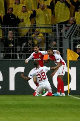 Bernardo Silva ( AS Monaco 10 ) Almamy Toure ( AS Monaco 38 ) Kylian Mbappe Lottion ( AS Monaco 29 ) nach dem 0:1, Borussia Dortmund vs AS Monaco, UEFA Champions League, Viertelfinale, Nachholspiel Fussball, 12.04.2017, Dortmund Copyright: xLangerx xEibner-Pressefotox EP_HLR
