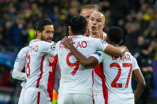 GER, UEFA CL, Borussia Dortmund (GER) vs AS MONACO FC (MCO) 12.04.2017, Signal Iduna Park, Dortmund, GER, UEFA CL, Borussia Dortmund (GER) vs AS MONACO FC (MCO), im Bild picture shows AS Monaco jubelt über das Eigentor von Sven Bender (Borussia Dortmund 6) zum 2:0 (Mitte: Kamil Glik (AS Monaco 25), Foto © nordphoto Rauch nordphotox xRauch