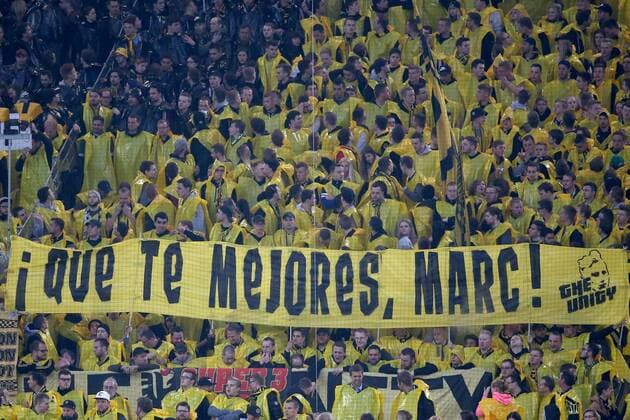 BVB Fans mit Transparenten fuer Marc Bartra (Borussia Dortmund 5), Borussia Dortmund vs AS Monaco, UEFA Champions League, Viertelfinale, Nachholspiel Fussball, 12.04.2017, Dortmund Copyright: xLangerx xEibner-Pressefotox EP_HLR