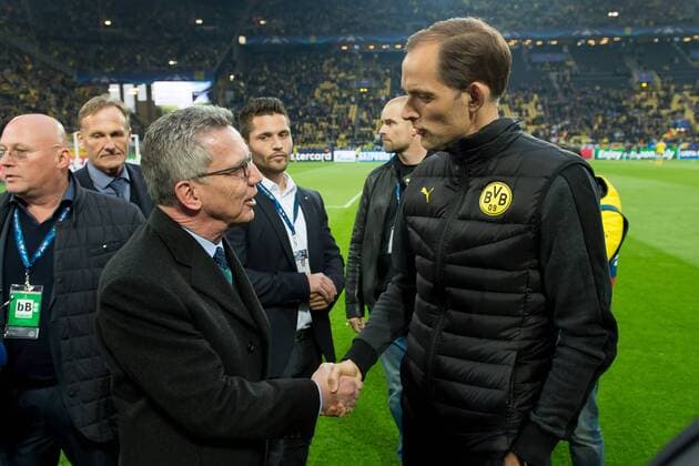 Bilder des Tages - SPORT Dortmund, Germany 12.03.2017, UEFA Champions League - 2016 17 Season, BV Borussia Dortmund - AS Monaco, Bundesinnenminister Dr. Thomas de Maiziere und Trainer Thomas Tuchel (BVB) ( DeFodi001