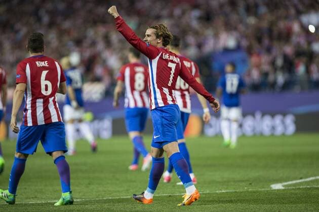 Antoine Griezmann of Atletico de Madrid celebrates after scoring a goal during the match of Champions LEague between Atletico de Madrid and LEicester City Football Club at Vicente Calderon Stadium in Madrid, Spain. April 12, 2017.  (20170412039)