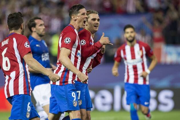 Antoine Griezmann, Fernando Torres of Atletico de Madrid celebrates after scoring a goal during the match of Champions LEague between Atletico de Madrid and LEicester City Football Club at Vicente Calderon Stadium in Madrid, Spain. April 12, 2017.  (20170412027)
