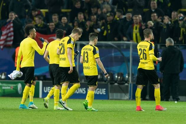 Dortmund, Germany 12.03.2017, UEFA Champions League - 2016 17 Season, BV Borussia Dortmund - AS Monaco, Auba, Pierre-Emerick Aubameyang (BVB), Matthias Ginter (BVB), Raphael Guerreiro (BVB) und Lukasz Piszczek (BVB) nach der 2:3 niederlage ( DeFodi001