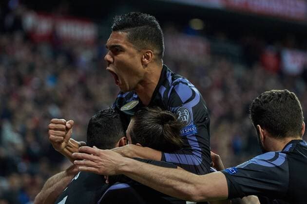 Munich, Germany 12.04.2017, UEFA Champions League - 2016 17 Season, Quarter Final: First leg, FC Bayern Muenchen - Real Madrid, Torjubel bei Casemiro (CF) ( DeFodi501