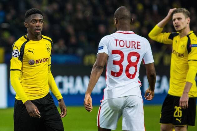GER, UEFA CL, Borussia Dortmund (GER) vs AS MONACO FC (MCO) 12.04.2017, Signal Iduna Park, Dortmund, GER, UEFA CL, Borussia Dortmund (GER) vs AS MONACO FC (MCO), im Bild picture shows Ousmane Dembele (Borussia Dortmund 7) mit Almamy Toure (AS Monaco 38), Foto © nordphoto Rauch nordphotox xRauch